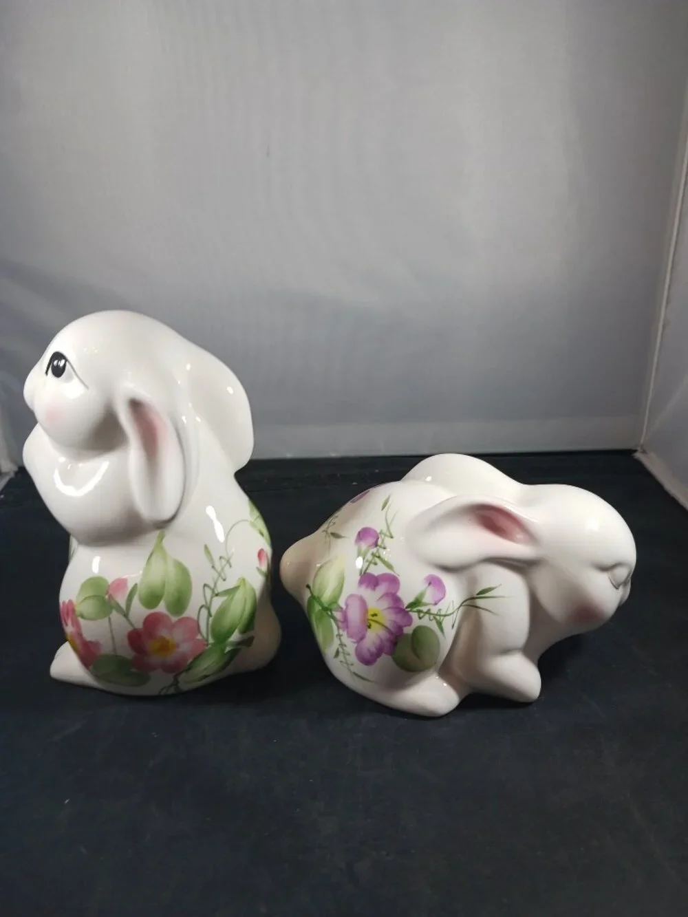 2 Vintage Ceramic Bunny Rabbit with Floral Print Body Purple Green